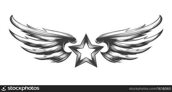 Tatttoo of Star with wings drawn in engraving style. Vector illustration.