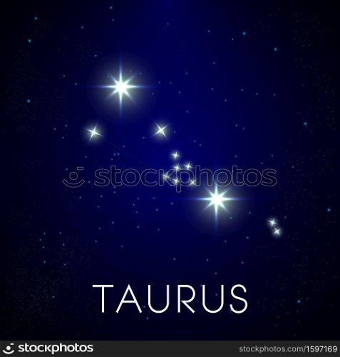 Taurus zodiac sign and constellation on cosmic night sky with stars vector. Astrology sign in night sky, zodiacal system, space astrological symbol. Horoscope, astronomy and shining celestial bodies. Zodiac constellation of Taurus in night sky, astrology and horoscope