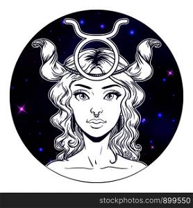 Taurus zodiac sign artwork, beautiful girl face, horoscope symbol, star sign, vector illustration