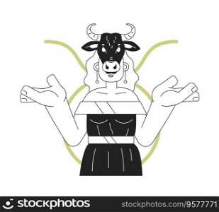 Taurus zodiac sign monochrome concept vector spot illustration. Woman with cow skull on head 2D flat bw cartoon character for web UI design. Astrology isolated editable hand drawn hero image. Taurus zodiac sign monochrome concept vector spot illustration