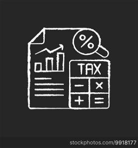 Tax accounting chalk white icon on black background. Accounting methods focused on taxes. Analysis and presentation of tax payments and returns. Isolated vector chalkboard illustration. Tax accounting chalk white icon on black background