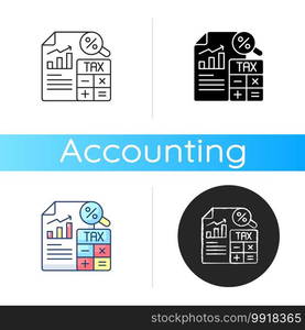 Tax accounting icon. Accounting methods focused on taxes. Analysis and presentation of tax payments and returns. Linear black and RGB color styles. Isolated vector illustrations. Tax accounting icon