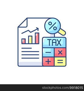 Tax accounting RGB color icon. Accounting methods focused on taxes. Analysis and presentation of tax payments and returns. Isolated vector illustration. Tax accounting RGB color icon