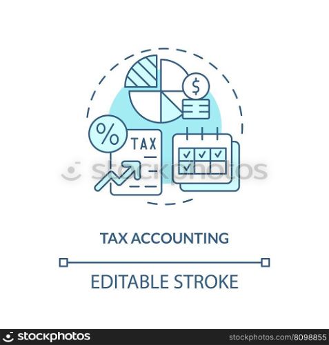 Tax accounting turquoise concept icon. Regular payments. Taxation. Tracking spending abstract idea thin line illustration. Isolated outline drawing. Editable stroke. Arial, Myriad Pro-Bold fonts used. Tax accounting turquoise concept icon