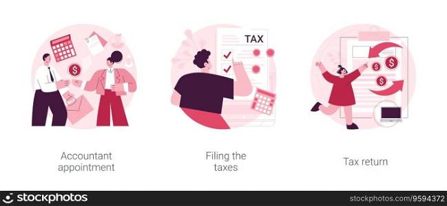 Tax agent service abstract concept vector illustration set. Accountant appointment, filing the taxes, money refund, income statement and financial audit, e-file online software abstract metaphor.. Tax agent service abstract concept vector illustrations.
