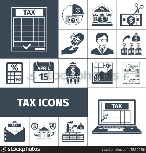 Tax And Fees Flat Icon Set. Taxes and fees payment and contribution date flat silhouette icon set isolated vector illustration
