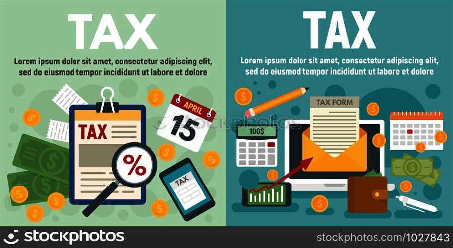 Tax banner set. Flat illustration of tax vector banner set for web design. Tax banner set, flat style