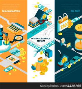Tax Banners Set . Tax isometric vertical banners set with internal revenue service symbols isolated vector illustration
