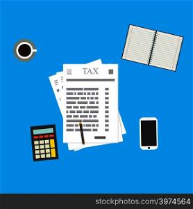 Tax calculation, paper and other objects.Flat vector illustration. Tax calculation, paper and other objects.