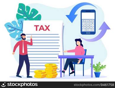 Tax consultancy vector illustration. Financial services to pay for government needs. Check national annual calculations. Billing information about deadlines and penalties.