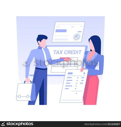 Tax credit isolated concept vector illustration. Business partners filling tax credit online form, government support, budget planning, banking data, accountant managers vector concept.. Tax credit isolated concept vector illustration.