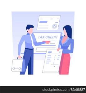 Tax credit isolated concept vector illustration. Business partners filling tax credit online form, government support, budget planning, banking data, accountant managers vector concept.. Tax credit isolated concept vector illustration.