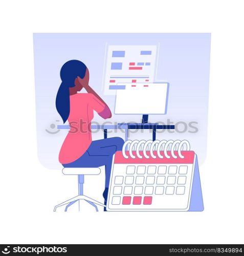 Tax deadline isolated concept vector illustration. Sad businesswoman deals with annual return last date, fiscal year, overdue deadline, financial report problem, money revenue vector concept.. Tax deadline isolated concept vector illustration.