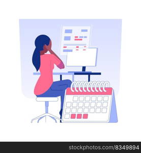 Tax deadline isolated concept vector illustration. Sad businesswoman deals with annual return last date, fiscal year, overdue deadline, financial report problem, money revenue vector concept.. Tax deadline isolated concept vector illustration.