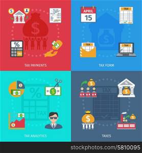 Tax design concept set with payments form and analytics flat icons isolated vector illustration. Tax Flat Set