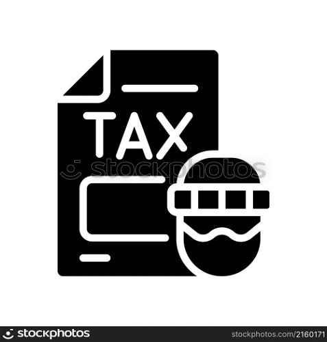 Tax evasion black glyph icon. Taxation fraud. Economic crime. Money laundering. False tax declaration. Neglecting payment. Silhouette symbol on white space. Vector isolated illustration. Tax evasion black glyph icon