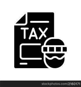 Tax evasion black glyph icon. Taxation fraud. Economic crime. Money laundering. False tax declaration. Neglecting payment. Silhouette symbol on white space. Vector isolated illustration. Tax evasion black glyph icon