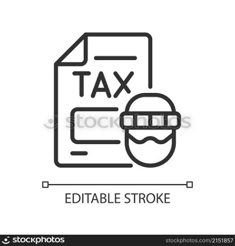 Tax evasion linear icon. Taxation fraud. Economic crime. Thin line customizable illustration. Contour symbol. Vector isolated outline drawing. Editable stroke. Pixel perfect. Arial font used. Tax evasion linear icon