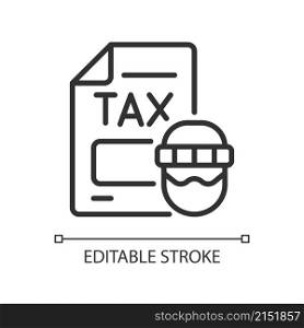 Tax evasion linear icon. Taxation fraud. Economic crime. Thin line customizable illustration. Contour symbol. Vector isolated outline drawing. Editable stroke. Pixel perfect. Arial font used. Tax evasion linear icon