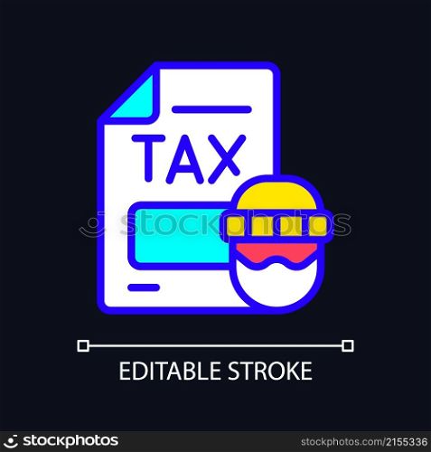 Tax evasion RGB color icon for dark theme. Taxation fraud. Money laundering. False declaration. Simple filled line drawing on night mode background. Editable stroke. Pixel perfect. Arial font used. Tax evasion RGB color icon for dark theme
