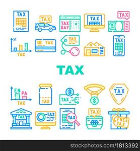 Tax Financial Payment For Income Icons Set Vector. Cryptocurrency And Real Estate House Tax, Gift And Every Dollar, Infographic And Online Pay, Jewelry And Car Line. Color Illustrations. Tax Financial Payment For Income Icons Set Vector