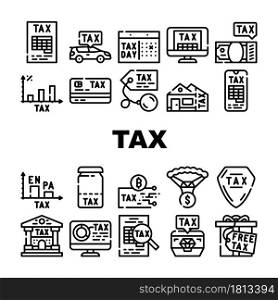 Tax Financial Payment For Income Icons Set Vector. Cryptocurrency And Real Estate House Tax, Gift And Every Dollar, Infographic And Online Pay, Jewelry And Car Contour Illustrations. Tax Financial Payment For Income Icons Set Vector