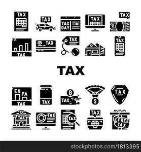 Tax Financial Payment For Income Icons Set Vector. Cryptocurrency And Real Estate House Tax, Gift And Every Dollar, Infographic And Online Pay, Jewelry And Car Glyph Pictograms Black Illustrations. Tax Financial Payment For Income Icons Set Vector