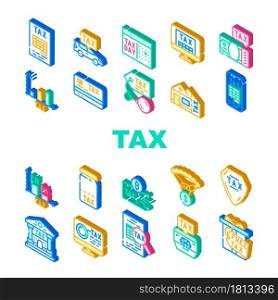 Tax Financial Payment For Income Icons Set Vector. Cryptocurrency And Real Estate House Tax, Gift And Every Dollar, Infographic And Online Pay, Jewelry And Car Isometric Sign Color Illustrations. Tax Financial Payment For Income Icons Set Vector