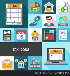 Tax Flat Icon Set. Tax charge fees and payment date flat color long shadows icon set isolated vector illustration