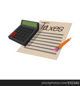 Tax form and calculator icon in cartoon style on a white background . Tax form and calculator icon, cartoon style