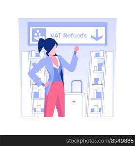 Tax free service isolated concept vector illustration. Smiling woman in airport duty-free zone, refunding VAT services, tax free business, discount goods, money refund vector concept.. Tax free service isolated concept vector illustration.