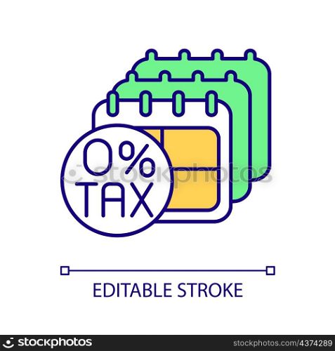 Tax holiday RGB color icon. Temporary tax free period. Saving money strategy. Holiday weekend. Isolated vector illustration. Simple filled line drawing. Editable stroke. Arial font used. Tax holiday RGB color icon