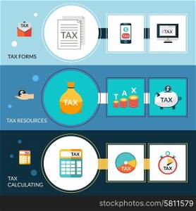 Tax horizontal banner set with forms resources and calculating elements isolated vector illustration. Tax Banner Set