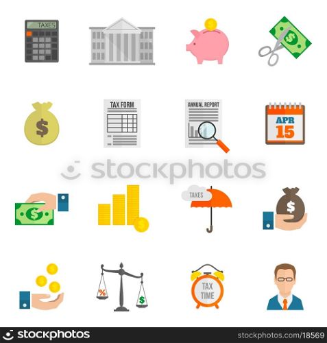 Tax icon flat set with bank building cut fees isolated vector illustration