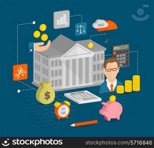 Tax icons isometric set with internal revenue service time calculation elements vector illustration