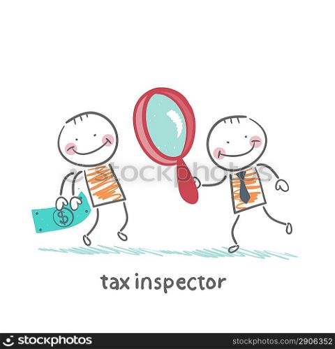 tax inspector with magnifying glass looking at the person money