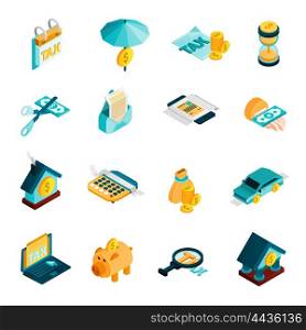 Tax Isometric Icons Set . Tax isometric icons set with bank and money symbols isolated vector illustration