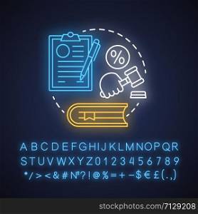 Tax law neon light concept icon. Revenue rule idea. Financial verdict. Taxation legislation and regulations. Economy crime. Glowing sign with alphabet, numbers, symbols. Vector isolated illustration