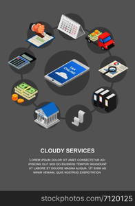 Tax online cloudy services banner vertical. Isometric illustration of vector tax online cloudy services banner vertical for web design. Tax online cloudy services banner vertical, isometric style