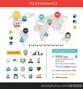 Tax paying and finance infographics set with world map vector illustration. Tax Infographics Set