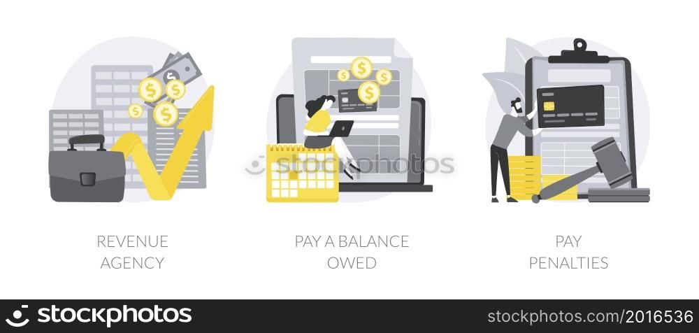 Tax payment abstract concept vector illustration set. Revenue agency, pay a balance owed, pay penalties, credit payment, filing taxes, payroll account, family benefit, GST and HST abstract metaphor.. Tax payment abstract concept vector illustrations.