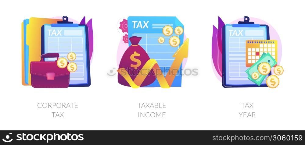 Tax payment flat icons set. Company auditing. Bookkeeping and accounting, finance analytics. Corporate tax, taxable income, tax year metaphors. Vector isolated concept metaphor illustrations. Taxation system vector concept metaphors