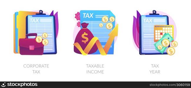 Tax payment flat icons set. Company auditing. Bookkeeping and accounting, finance analytics. Corporate tax, taxable income, tax year metaphors. Vector isolated concept metaphor illustrations. Taxation system vector concept metaphors