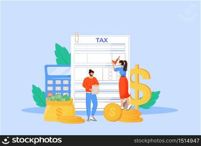Tax payment guideline flat concept vector illustration. People filling invoice, utility bill 2D cartoon characters for web design. Taxation, finances management, budget planning creative idea
