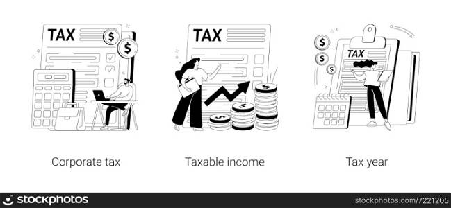Tax preparation abstract concept vector illustration set. Corporate tax, taxable income, fiscal year, document preparation, payment planning, corporate accountancy, annual return abstract metaphor.. Tax preparation abstract concept vector illustrations.
