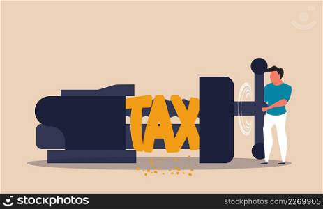 Tax reduce and loss money. Business reduction and recession dollar with economy investment vector illustration concept. Taxation lower after crisis and clamping cost price. Finance income less