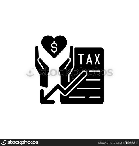 Tax reduction for charity black glyph icon. Taxation deduction when funding for charity. Small business incentive. Company as help donor. Silhouette symbol on white space. Vector isolated illustration. Tax reduction for charity black glyph icon