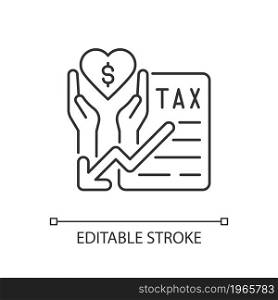 Tax reduction for charity linear icon. Taxation deduction when funding for charity. Thin line customizable illustration. Contour symbol. Vector isolated outline drawing. Editable stroke. Tax reduction for charity linear icon