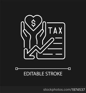 Tax reduction for charity white linear icon for dark theme. Taxation deduction when funding. Thin line customizable illustration. Isolated vector contour symbol for night mode. Editable stroke. Tax reduction for charity white linear icon for dark theme