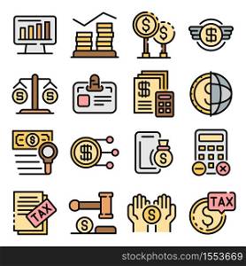Tax regulation icons set. Outline set of tax regulation vector icons thin line color flat on white. Tax regulation icons set vector flat